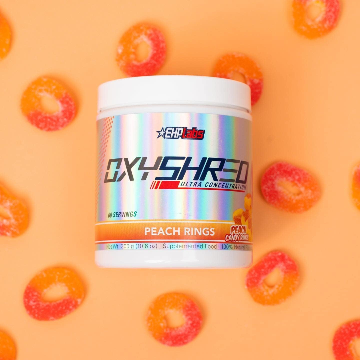 EHPlabs OxyShred Ultra Concentration Shredding Supplement - Clinically Proven, Pre Workout, Promotes Shredding, Natural Energy Boost - Peach Candy Rings, 60 Servings