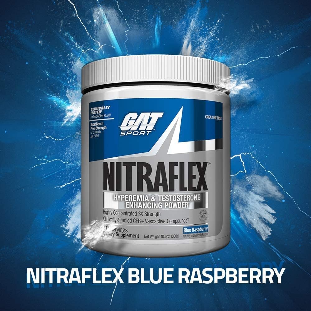 GAT Clinically Tested Nitraflex, Testosterone Enhancing Pre Workout, Blue Raspberry,300 Gram