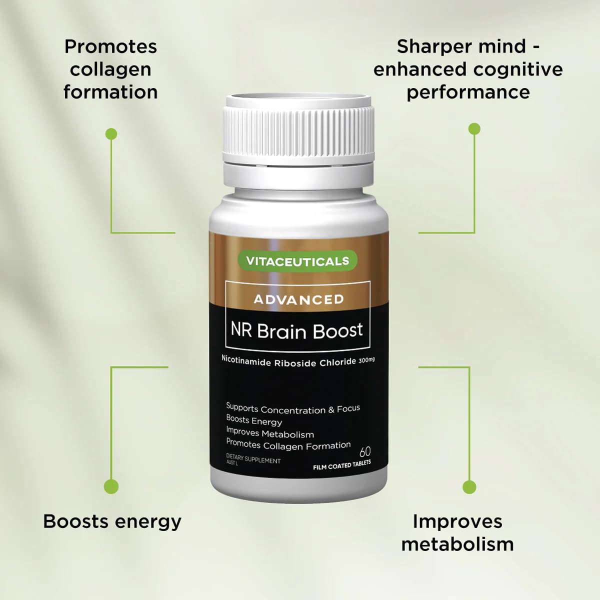 NR Brain Boost 60s NAD+ Supplements - Supports Cognitive Performance, Energy Levels, Collagen Formation, Skin Health & Wound Healing | Australian Made | 60 Capsules