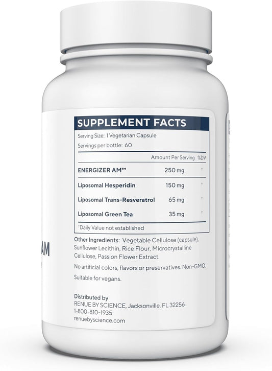 RENUE By Science Energizer AM (Liposomal) Supplement (Hesperidin, Trans-Resveratrol, Green Tea Extract) - Bioavailable Formula for Increased Absorption - 60 Capsules