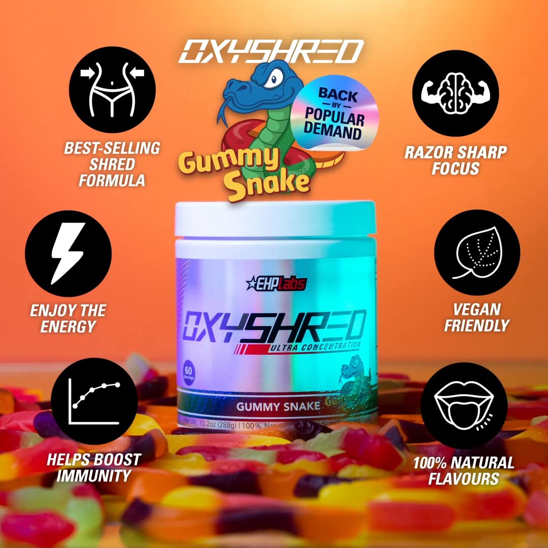 EHPlabs OxyShred Ultra Concentration Shredding Supplement - Clinically Proven, Pre Workout, Promotes Shredding, Natural Energy Boost - Peach Candy Rings, 60 Servings