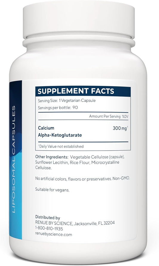 RENUE By Science CaAKG - Calcium Alpha-Ketoglutarate - (Liposomal) Supplement 300mg - Bioavailable Formula for Increased Absorption - 90 Capsules