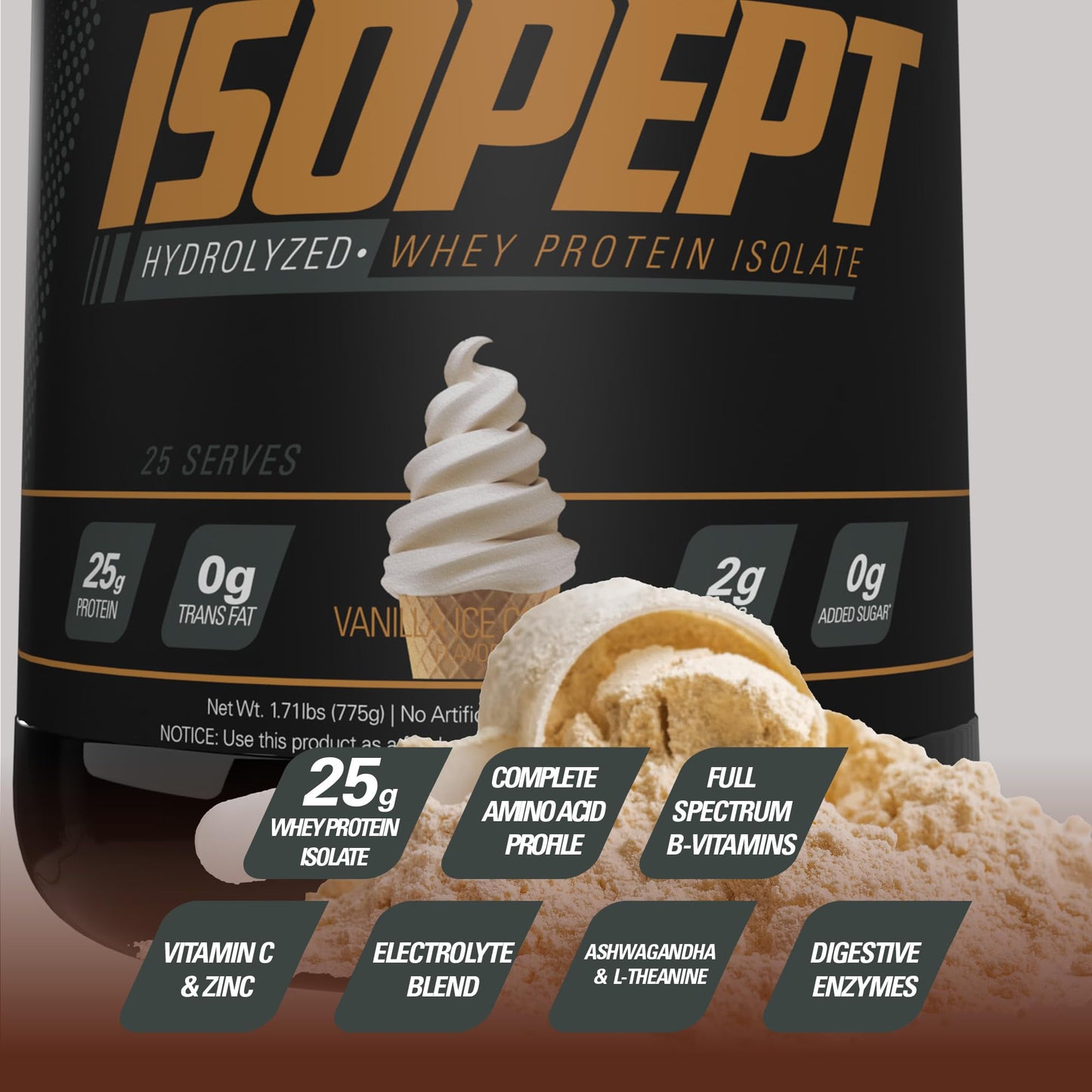 EHP Labs ISOPEPT Hydrolyzed Whey Protein Powder - 100% Whey Protein Isolate & Hydrolysate, 25g of Protein, Non-GMO, Gluten Free, Fast Absorbing, Easy Digesting, 25 Serves (Vanilla Ice-Cream)