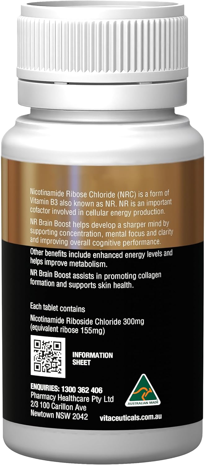 NR Brain Boost 60s NAD+ Supplements - Supports Cognitive Performance, Energy Levels, Collagen Formation, Skin Health & Wound Healing | Australian Made | 60 Capsules