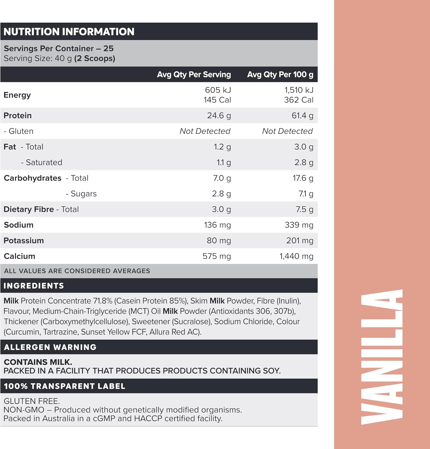 Muscle Nation Vanilla Custard Casein Protein Powder 1 kg (25 Serves)