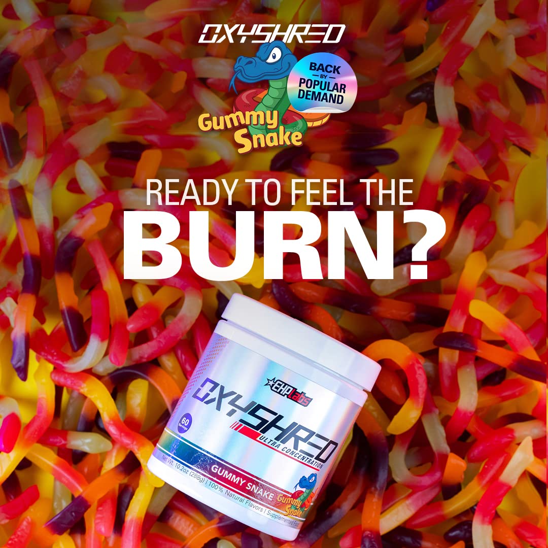 EHPlabs OxyShred Ultra Concentration Shredding Supplement - Clinically Proven, Pre Workout, Promotes Shredding, Natural Energy Boost - Peach Candy Rings, 60 Servings