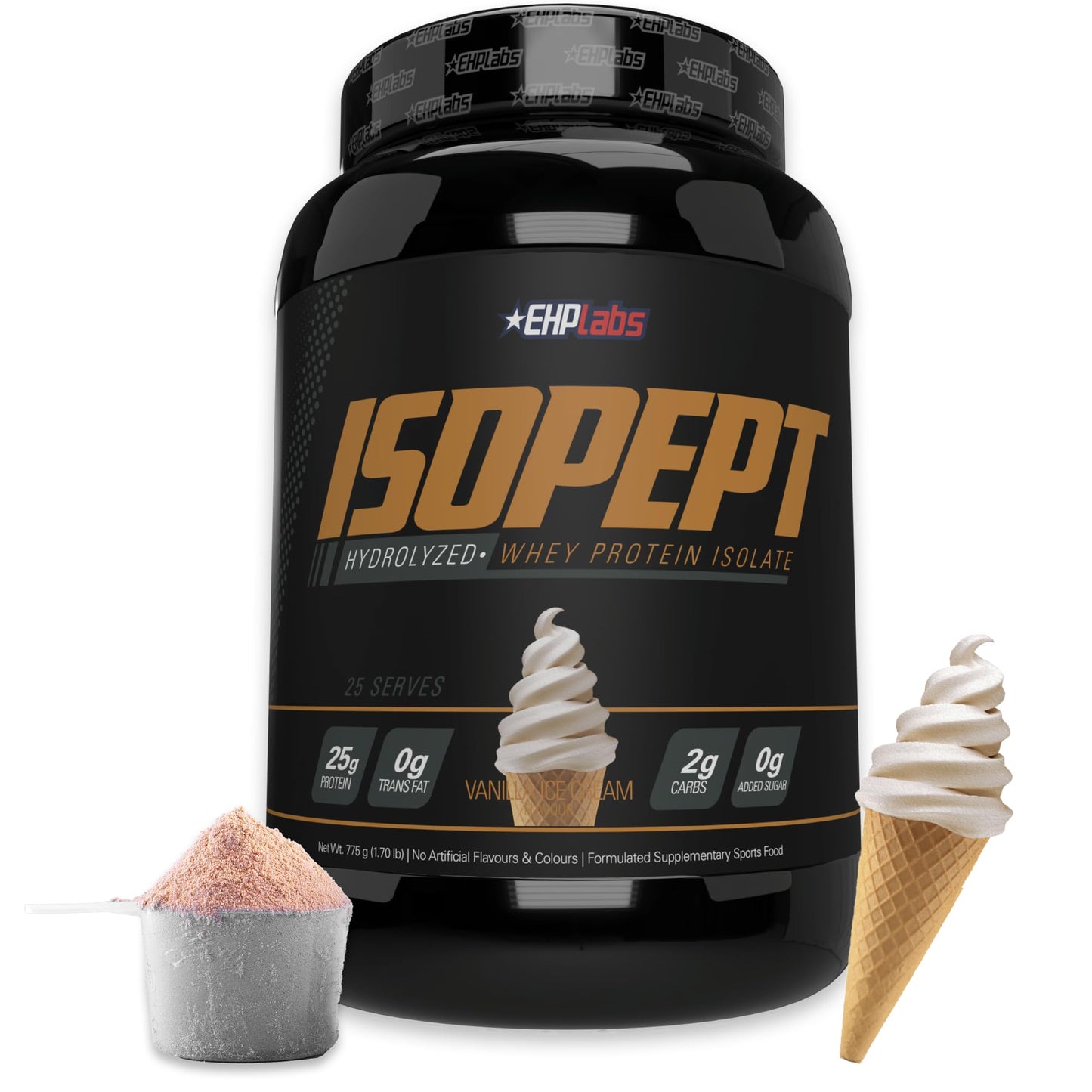 EHP Labs ISOPEPT Hydrolyzed Whey Protein Powder - 100% Whey Protein Isolate & Hydrolysate, 25g of Protein, Non-GMO, Gluten Free, Fast Absorbing, Easy Digesting, 25 Serves (Vanilla Ice-Cream)