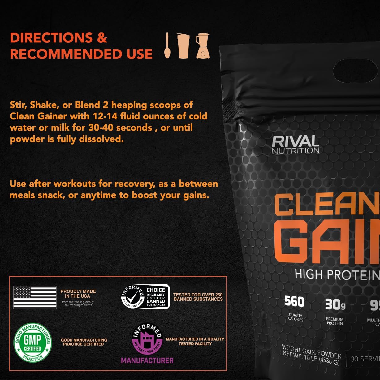 Rivalus Clean Gainer – Chocolate Fudge 10lb - Delicious Lean Mass Gainer with Premium Dairy Proteins, Complex Carbohydrates, and Quality Lipids, No Banned Substances, Made in USA