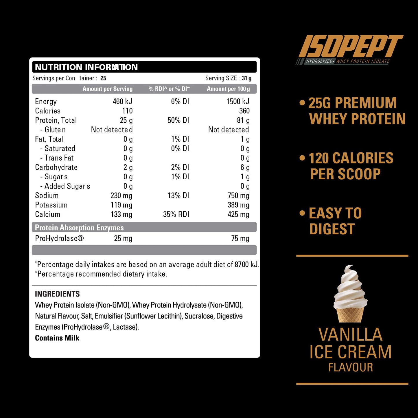 EHP Labs ISOPEPT Hydrolyzed Whey Protein Powder - 100% Whey Protein Isolate & Hydrolysate, 25g of Protein, Non-GMO, Gluten Free, Fast Absorbing, Easy Digesting, 25 Serves (Vanilla Ice-Cream)