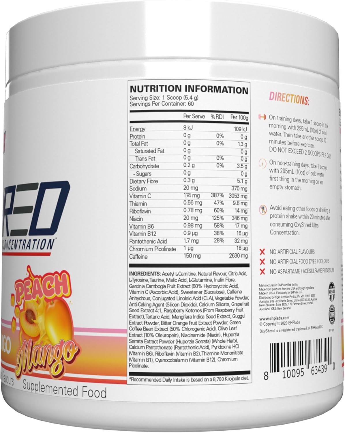 EHPlabs OxyShred Ultra Concentration Shredding Supplement - Clinically Proven, Pre Workout, Promotes Shredding, Natural Energy Boost - Peach Candy Rings, 60 Servings