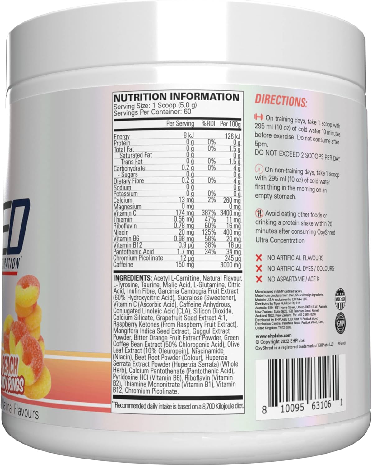 EHPlabs OxyShred Ultra Concentration Shredding Supplement - Clinically Proven, Pre Workout, Promotes Shredding, Natural Energy Boost - Peach Candy Rings, 60 Servings