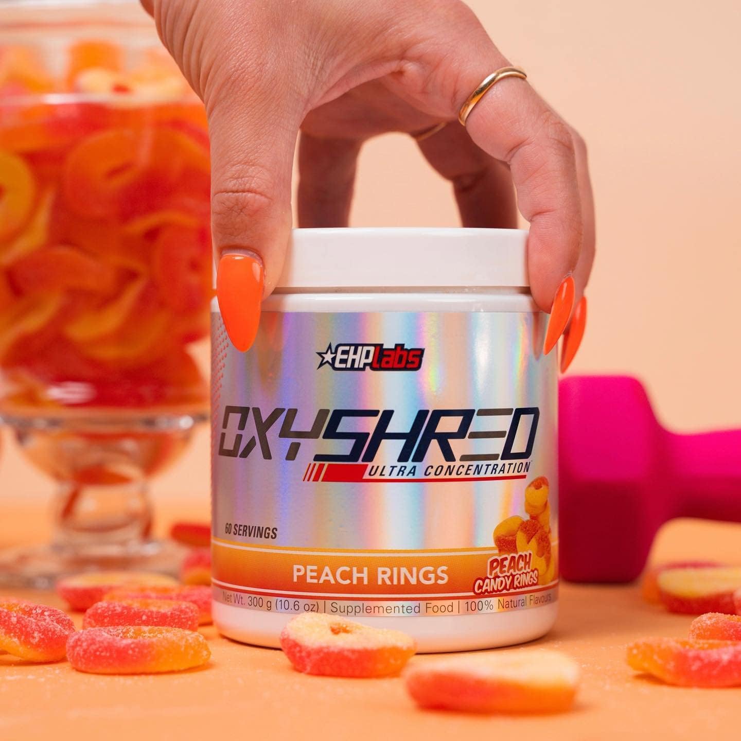 EHPlabs OxyShred Ultra Concentration Shredding Supplement - Clinically Proven, Pre Workout, Promotes Shredding, Natural Energy Boost - Peach Candy Rings, 60 Servings