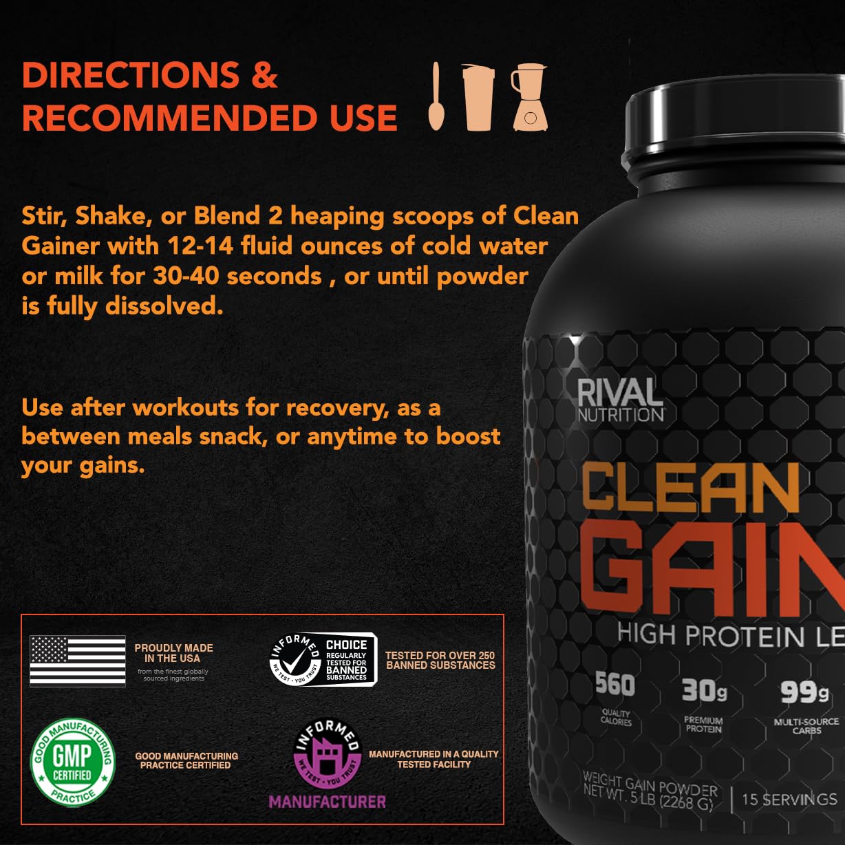 Rivalus Clean Gainer – Chocolate Fudge 10lb - Delicious Lean Mass Gainer with Premium Dairy Proteins, Complex Carbohydrates, and Quality Lipids, No Banned Substances, Made in USA
