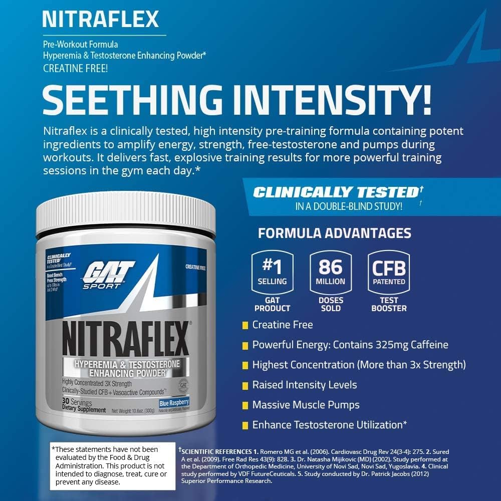 GAT Clinically Tested Nitraflex, Testosterone Enhancing Pre Workout, Blue Raspberry,300 Gram