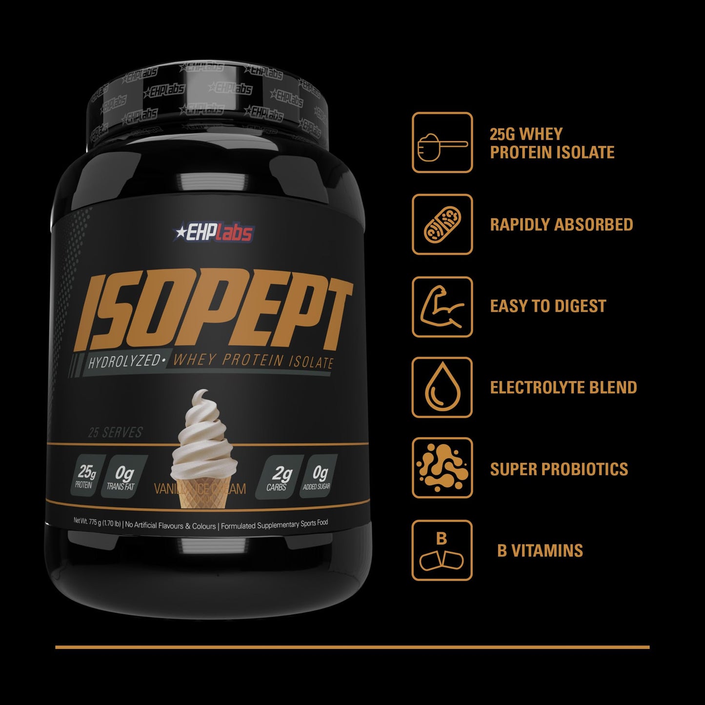 EHP Labs ISOPEPT Hydrolyzed Whey Protein Powder - 100% Whey Protein Isolate & Hydrolysate, 25g of Protein, Non-GMO, Gluten Free, Fast Absorbing, Easy Digesting, 25 Serves (Vanilla Ice-Cream)