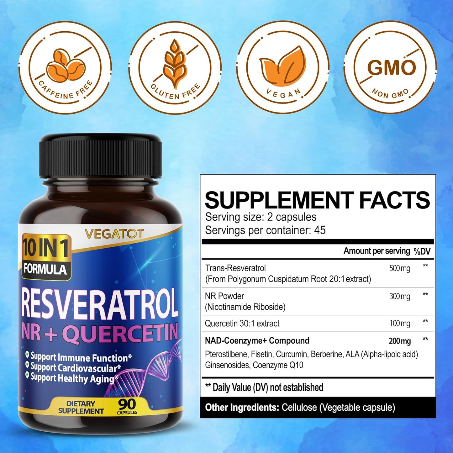 Vegatot NMN 3 in 1 High Strength Resveratrol 11500mg with NMN Quercetin Healthy Aging Immune Brain Boost Joint Support (90 Count (Pack of 1))