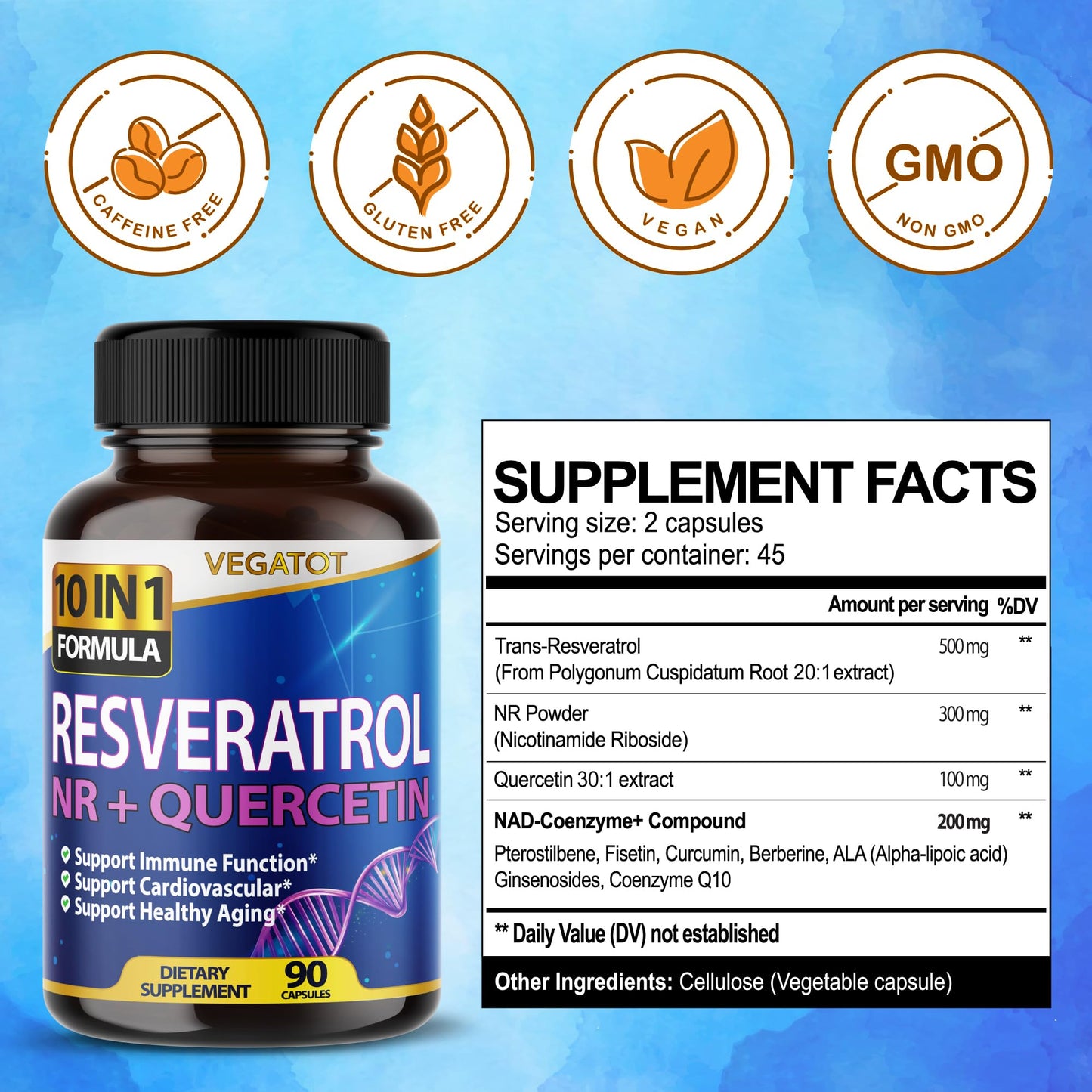 Vegatot NMN 3 in 1 High Strength Resveratrol 11500mg with NMN Quercetin Healthy Aging Immune Brain Boost Joint Support (90 Count (Pack of 1))