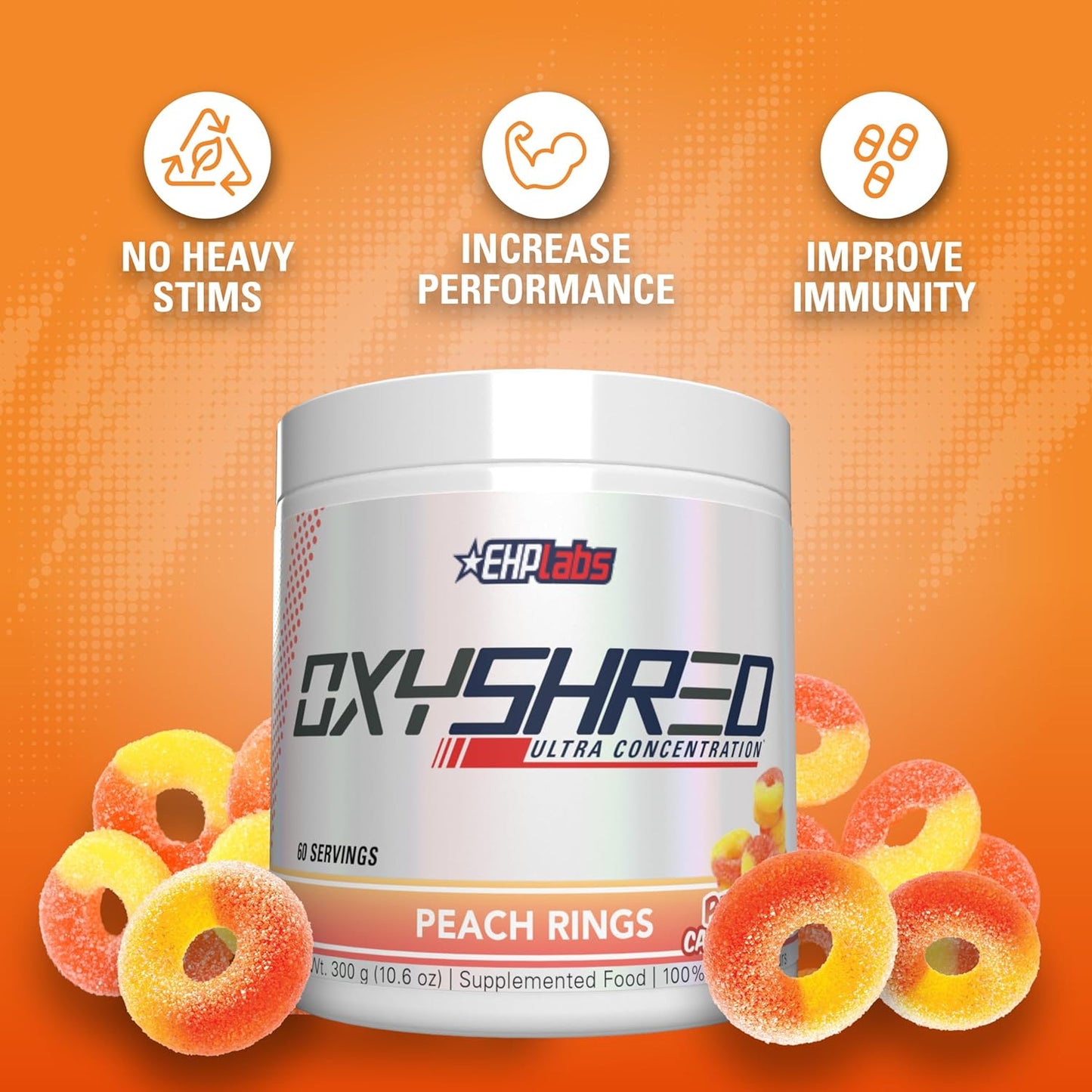 EHPlabs OxyShred Ultra Concentration Shredding Supplement - Clinically Proven, Pre Workout, Promotes Shredding, Natural Energy Boost - Peach Candy Rings, 60 Servings