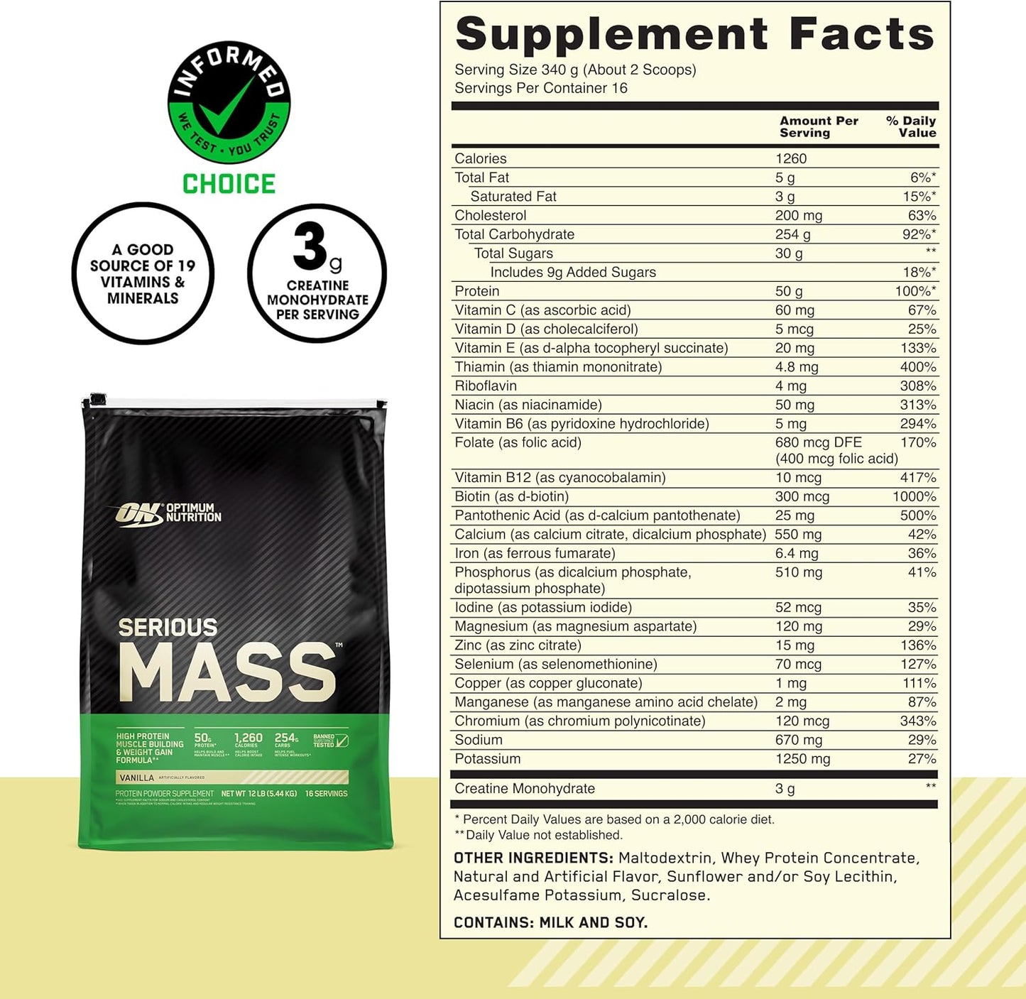Optimum Nutrition Serious Mass Gainer Protein Powder, Banana, 12 Pound