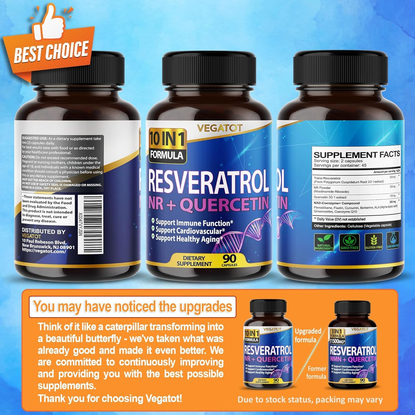 Vegatot NMN 3 in 1 High Strength Resveratrol 11500mg with NMN Quercetin Healthy Aging Immune Brain Boost Joint Support (90 Count (Pack of 1))