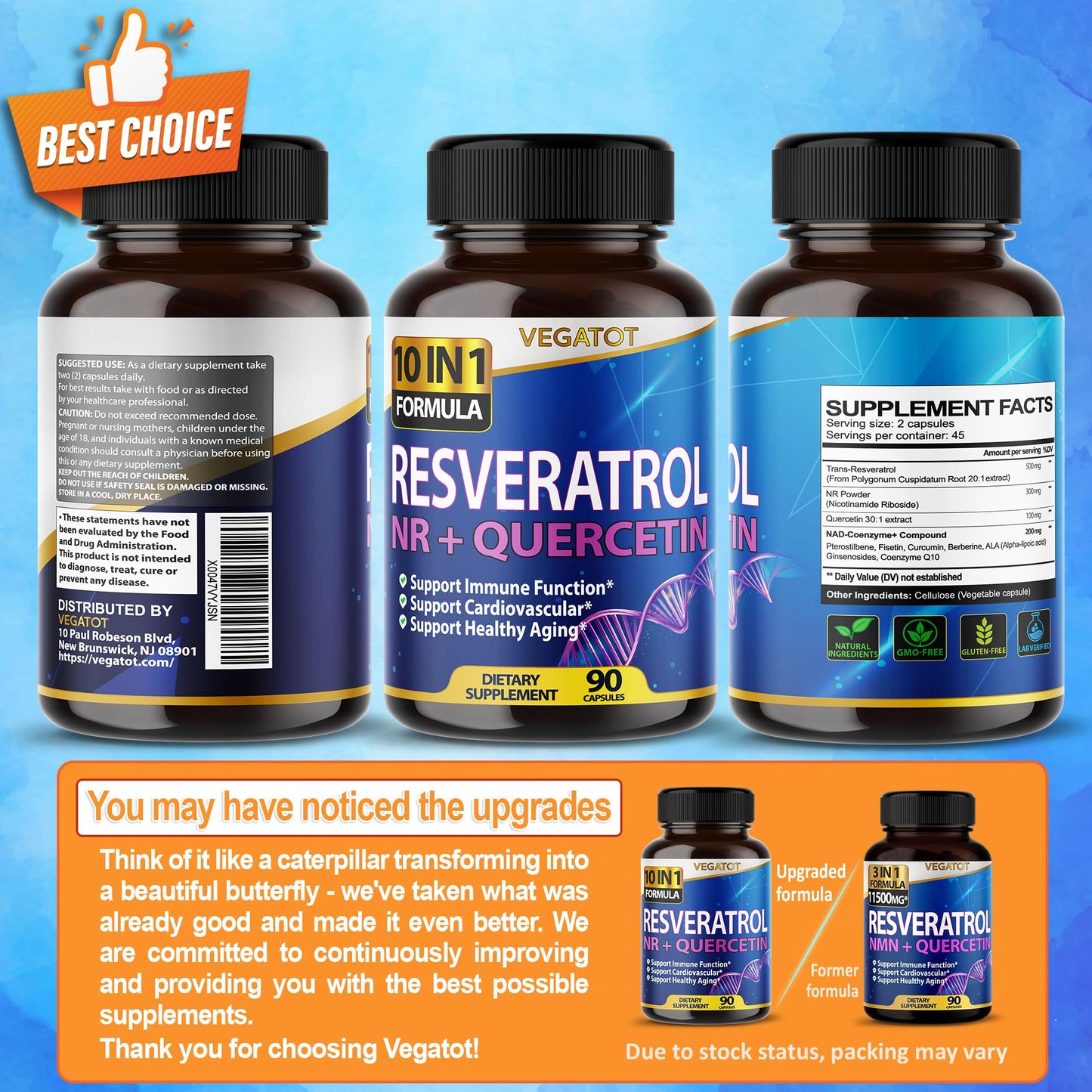 Vegatot NMN 3 in 1 High Strength Resveratrol 11500mg with NMN Quercetin Healthy Aging Immune Brain Boost Joint Support (90 Count (Pack of 1))