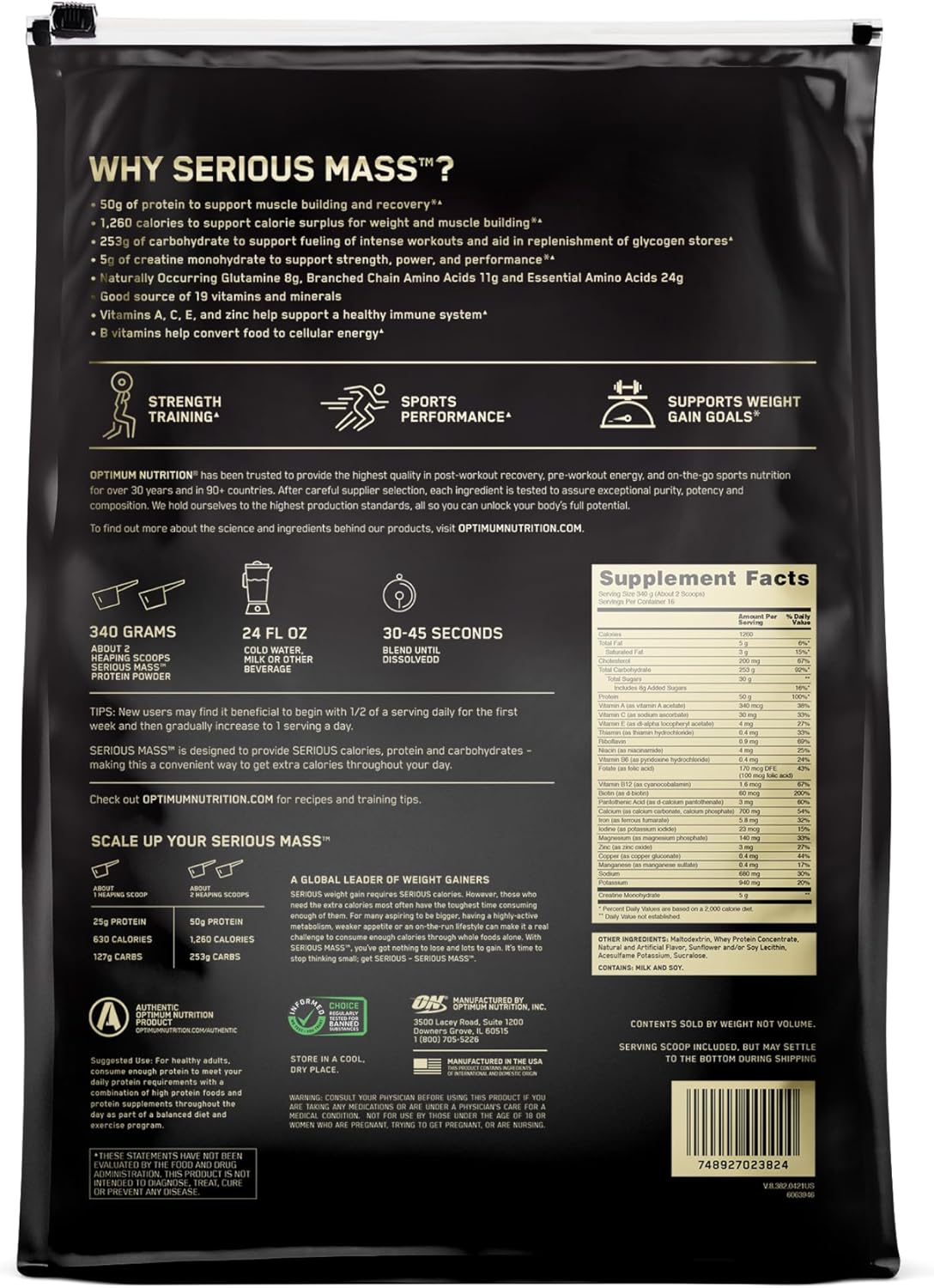 Optimum Nutrition Serious Mass Gainer Protein Powder, Banana, 12 Pound
