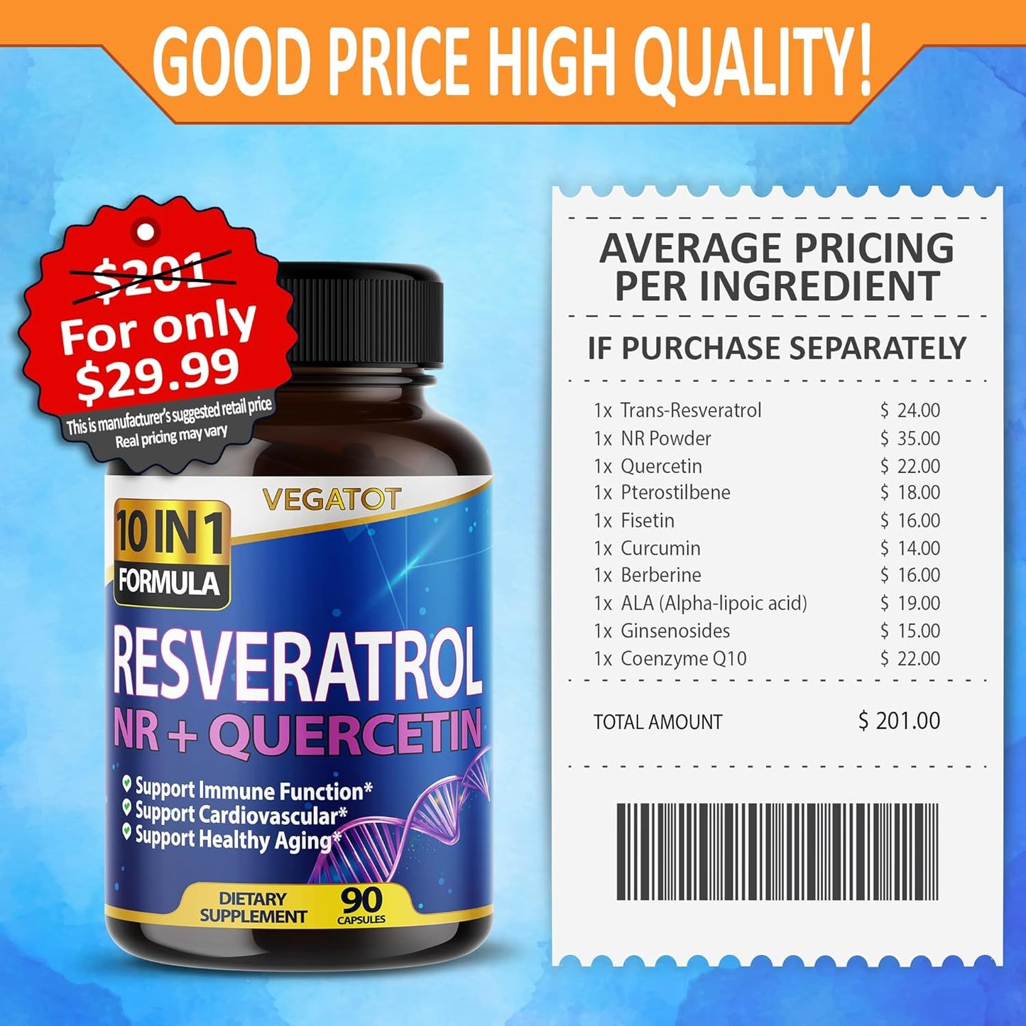 Vegatot NMN 3 in 1 High Strength Resveratrol 11500mg with NMN Quercetin Healthy Aging Immune Brain Boost Joint Support (90 Count (Pack of 1))