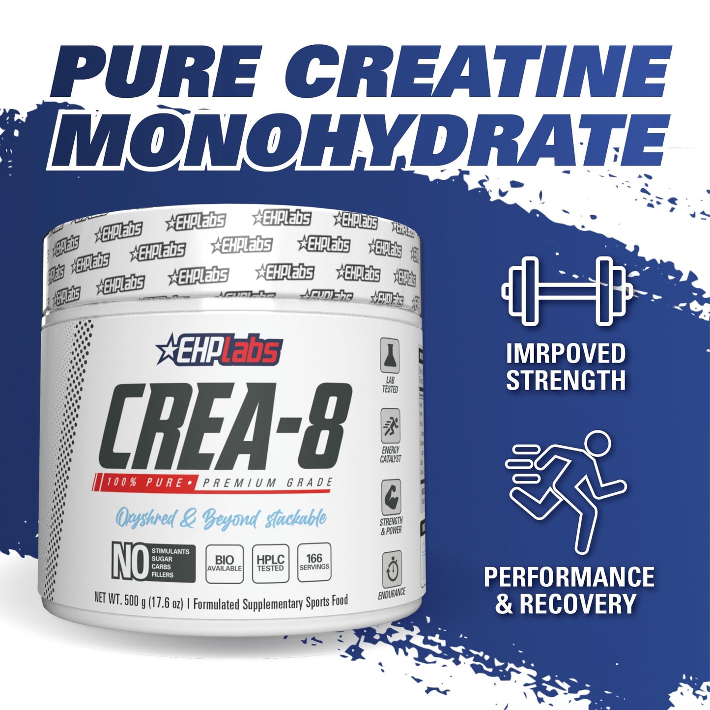EHPlabs CREA-8 Creatine Monohydrate Powder - Creatine Powder for Building Lean Muscle Mass, Improves Strength & Power, Supports Brain Health - 100 Servings (500g)