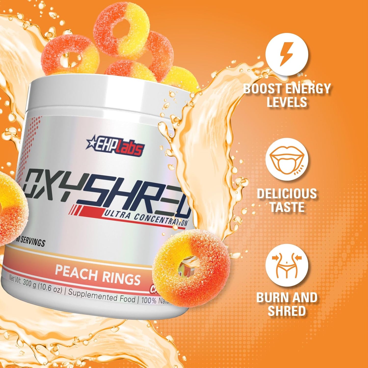EHPlabs OxyShred Ultra Concentration Shredding Supplement - Clinically Proven, Pre Workout, Promotes Shredding, Natural Energy Boost - Peach Candy Rings, 60 Servings