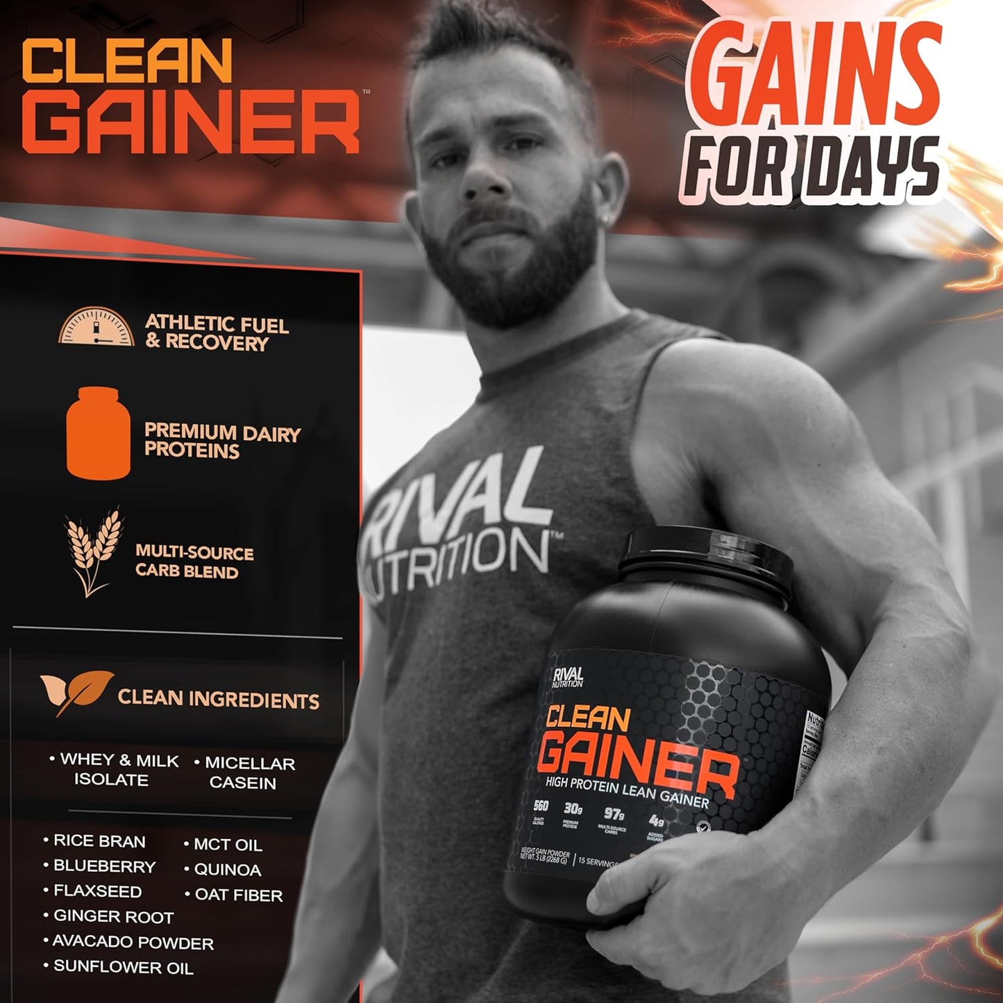 Rivalus Clean Gainer – Chocolate Fudge 10lb - Delicious Lean Mass Gainer with Premium Dairy Proteins, Complex Carbohydrates, and Quality Lipids, No Banned Substances, Made in USA
