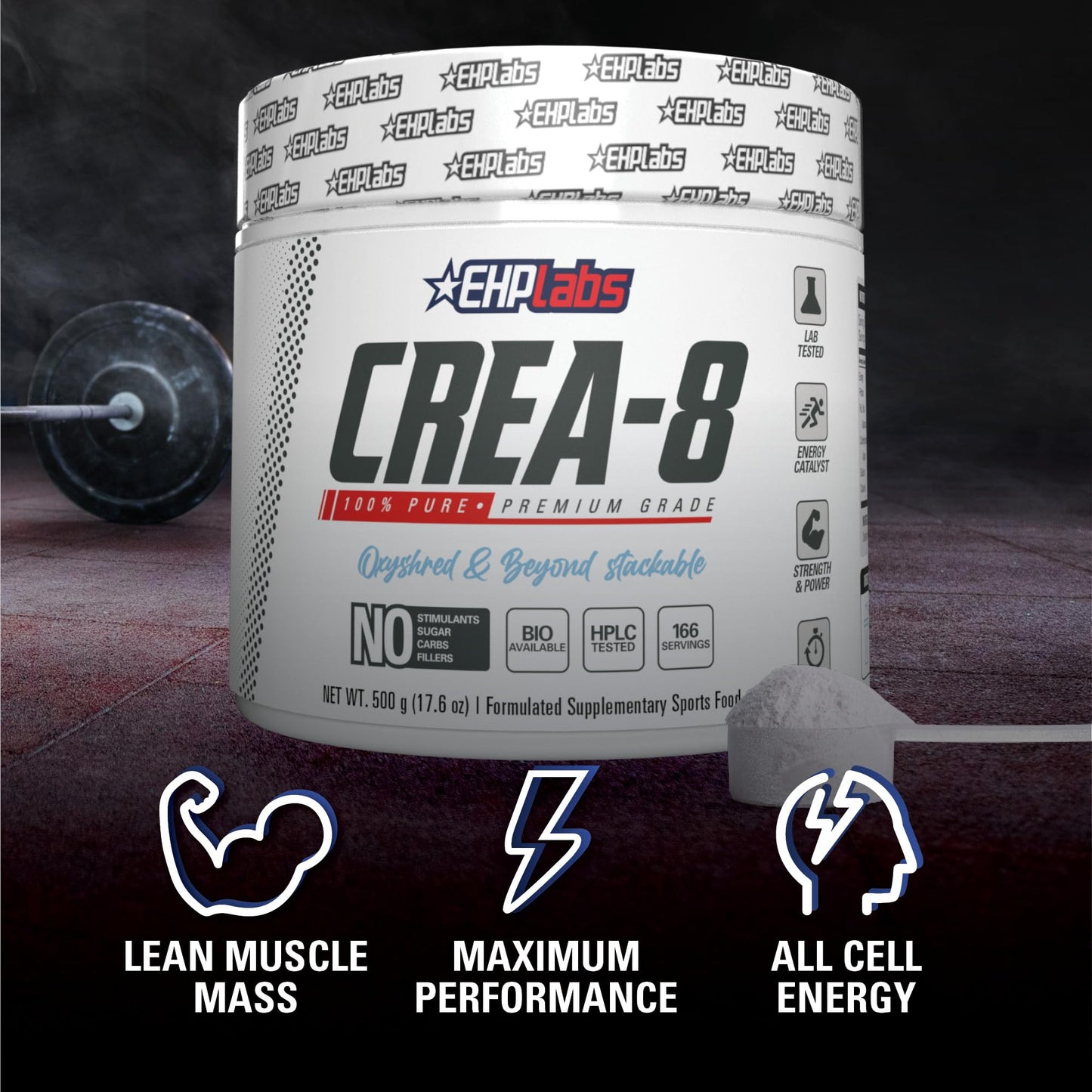 EHPlabs CREA-8 Creatine Monohydrate Powder - Creatine Powder for Building Lean Muscle Mass, Improves Strength & Power, Supports Brain Health - 100 Servings (500g)