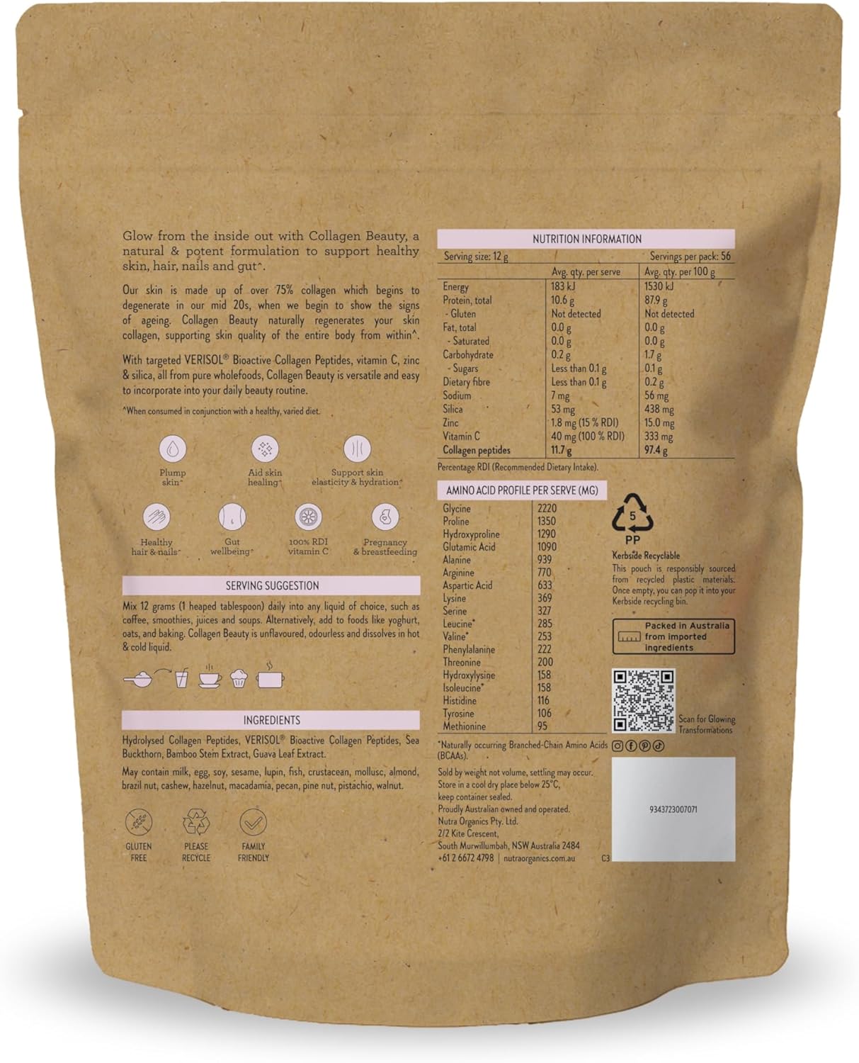 Nutra Organics Collagen Beauty Unflavoured 672g | Anti-Aging Collagen Peptides and Vitamin C | Collagen Powder for Healthy Hair, Nail and Skin (56 Serves)