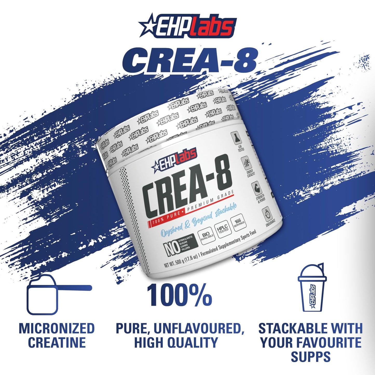 EHPlabs CREA-8 Creatine Monohydrate Powder - Creatine Powder for Building Lean Muscle Mass, Improves Strength & Power, Supports Brain Health - 100 Servings (500g)
