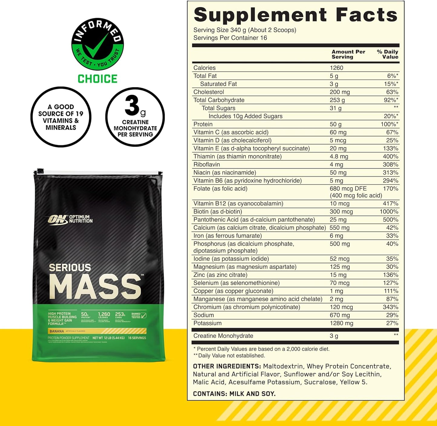 Optimum Nutrition Serious Mass Gainer Protein Powder, Banana, 12 Pound