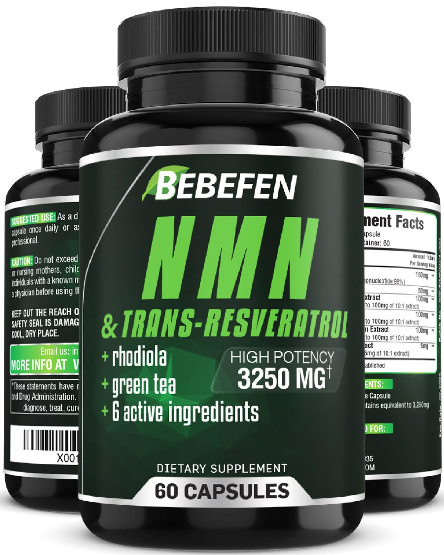 Bebefen NMN Supplement - 3250Mg with Trans-Resveratrol, Black Pepper. Nicotinamide Mononucleotide Capsules