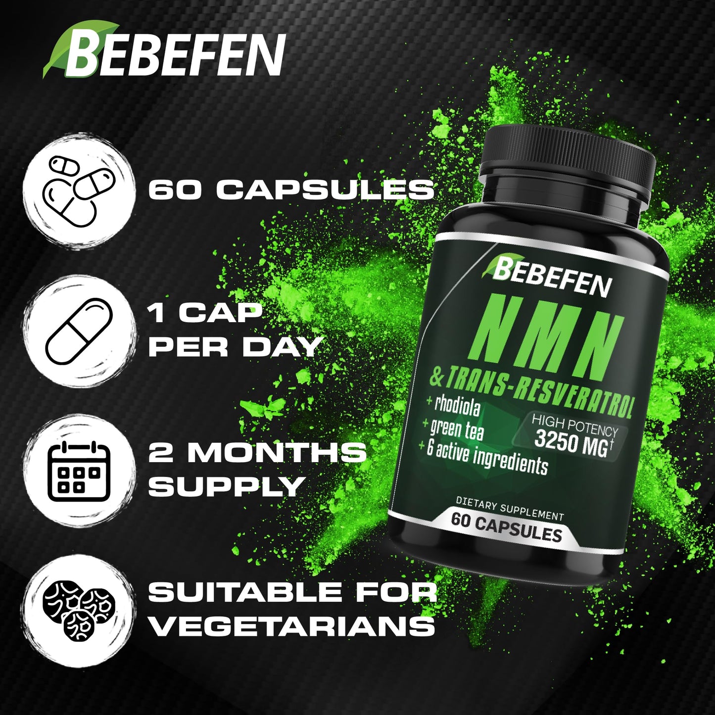 Bebefen NMN Supplement - 3250Mg with Trans-Resveratrol, Black Pepper. Nicotinamide Mononucleotide Capsules