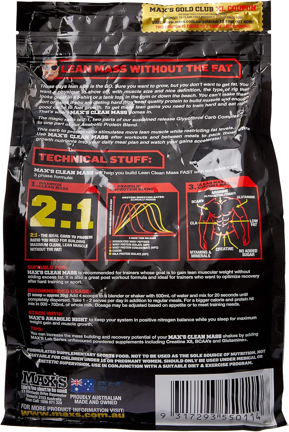 Max's Clean Mass Lean Muscle Gainer Protein Powder, Chocolate Fudge Sunday, 2.72kg
