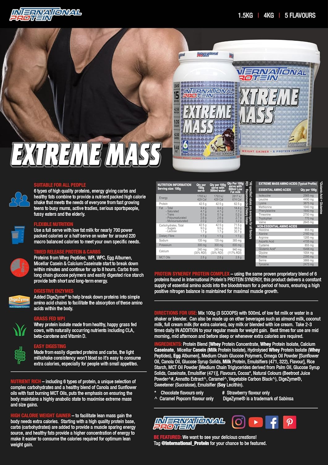 International Protein Extreme Mass Choc Banana Flavour Weight Gainer Protein Powder 4 kg