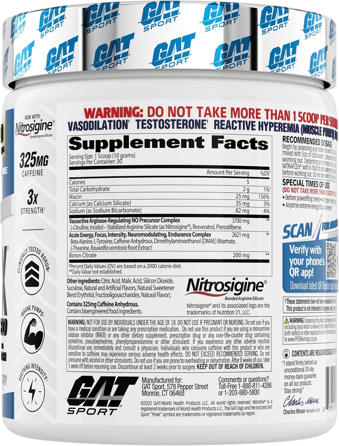 GAT Clinically Tested Nitraflex, Testosterone Enhancing Pre Workout, Blue Raspberry,300 Gram