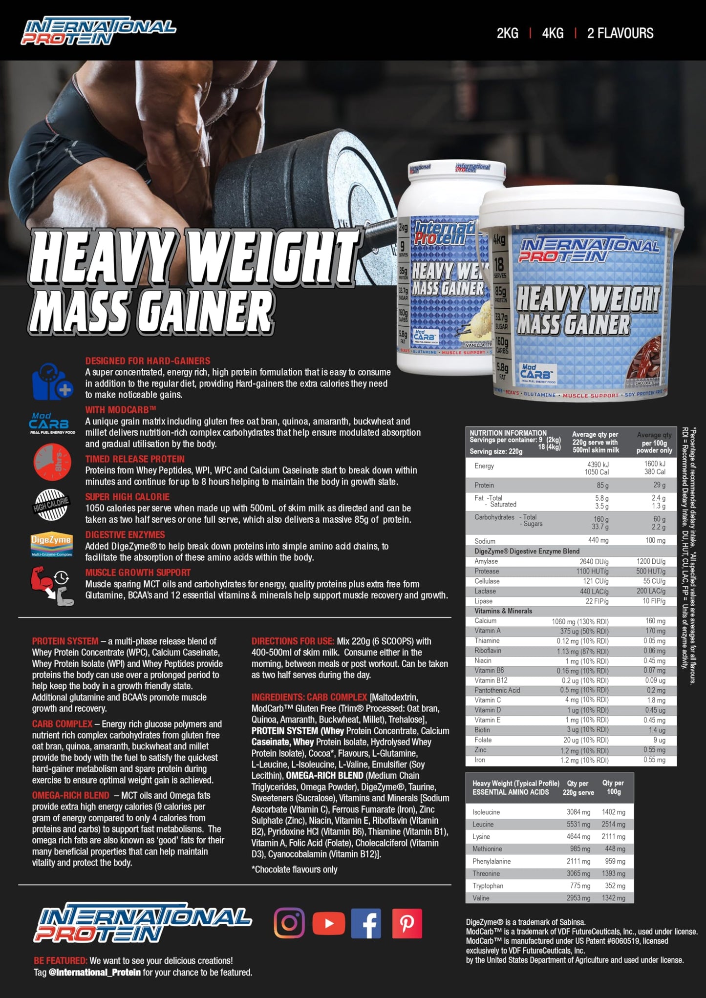 International Protein Chocolate Flavour Heavyweight Mass Gainer 4 kg