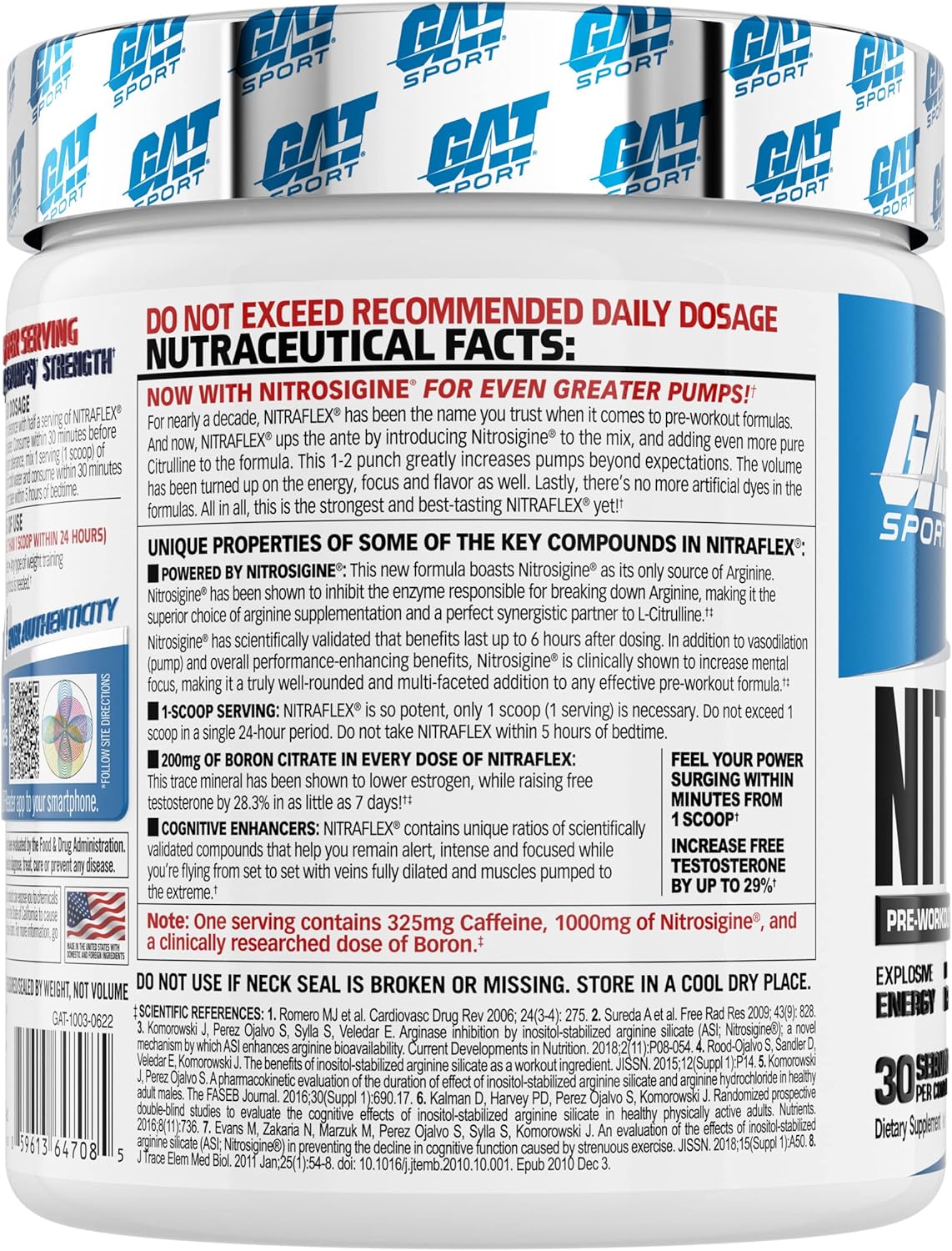 GAT Clinically Tested Nitraflex, Testosterone Enhancing Pre Workout, Blue Raspberry,300 Gram