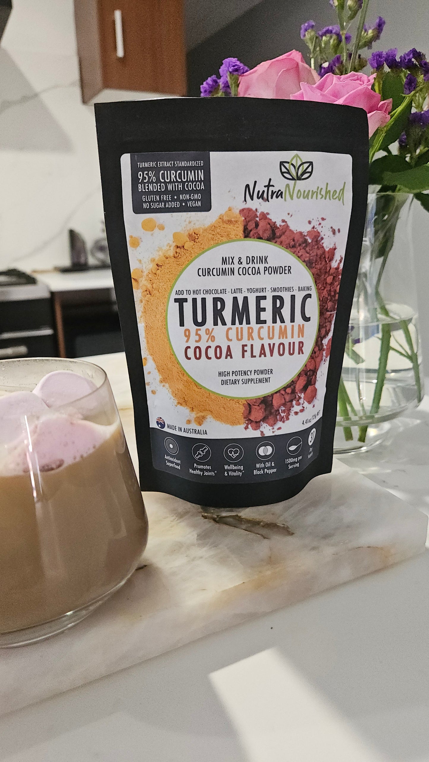 95% Organic Curcumin Extract Cocoa Flavour - Turmeric Powder With Black Pepper - Organic and with Black Pepper, 125g