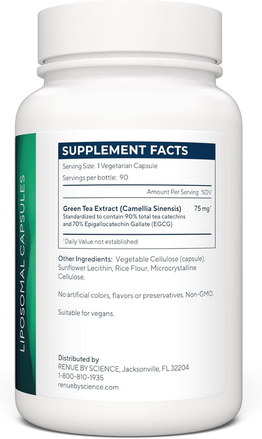 RENUE Liposomal Green Tea Extract Supplement 75 mg - 70% EGCG – Bioavailable Formula for Increased Absorption – 90 Capsules