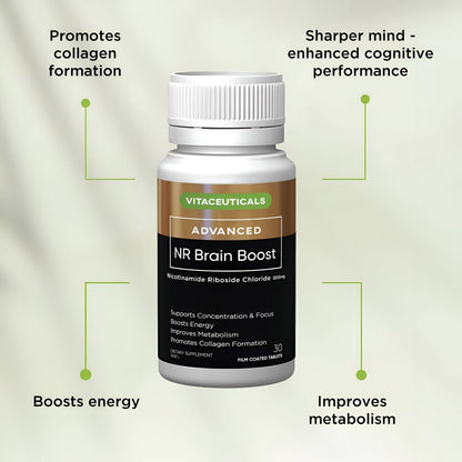 NR Brain Boost 60s NAD+ Supplements - Supports Cognitive Performance, Energy Levels, Collagen Formation, Skin Health & Wound Healing | Australian Made | 60 Capsules