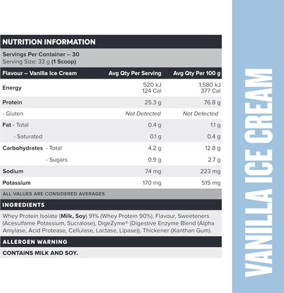 Muscle Nation Vanilla Ice Cream Flavour Whey Protein Isolate 990g (30 Serves)
