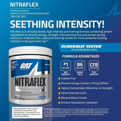 GAT Clinically Tested Nitraflex, Testosterone Enhancing Pre Workout, Blue Raspberry,300 Gram
