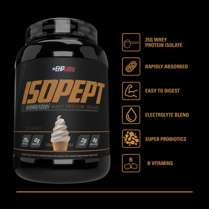 EHP Labs ISOPEPT Hydrolyzed Whey Protein Powder - 100% Whey Protein Isolate & Hydrolysate, 25g of Protein, Non-GMO, Gluten Free, Fast Absorbing, Easy Digesting, 25 Serves (Vanilla Ice-Cream)