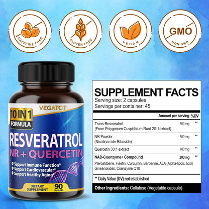 Vegatot NMN 3 in 1 High Strength Resveratrol 11500mg with NMN Quercetin Healthy Aging Immune Brain Boost Joint Support (90 Count (Pack of 1))