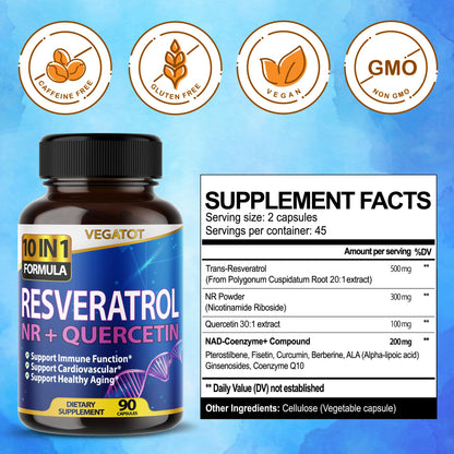 Vegatot NMN 3 in 1 High Strength Resveratrol 11500mg with NMN Quercetin Healthy Aging Immune Brain Boost Joint Support (90 Count (Pack of 1))