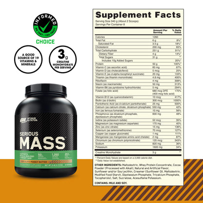 Optimum Nutrition Serious Mass Gainer Protein Powder, Banana, 12 Pound
